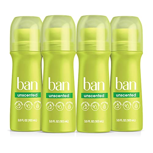 Ban Original Unscented 24-hour Invisible Antiperspirant, 3.5oz Roll-on Deodorant, 4-pack, Underarm Wetness Protection, with Odor-fighting Ingredients