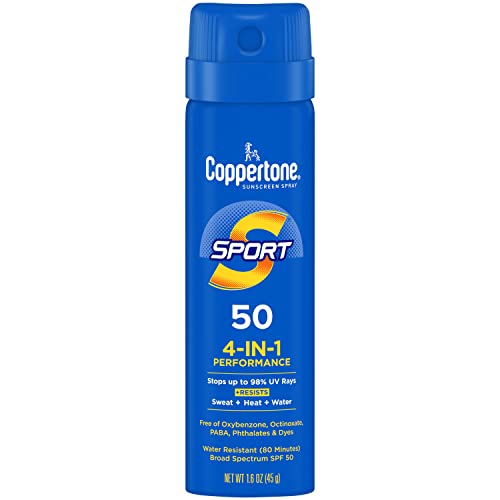 Coppertone SPORT Sunscreen Spray SPF 50, Water Resistant, Continuous Sunscreen, Broad Spectrum 50 Travel Size, 1.6 Oz
