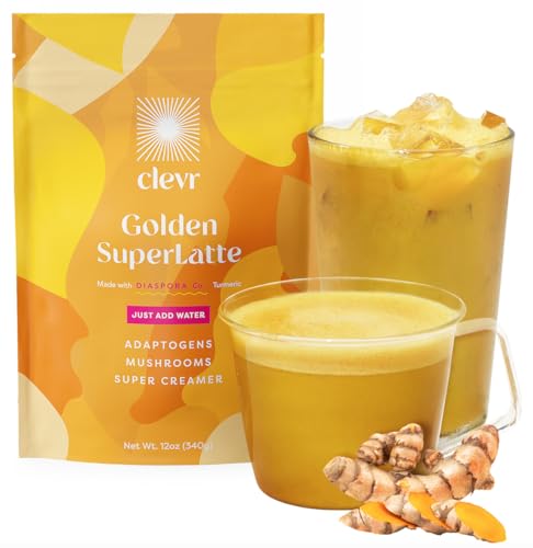 Clevr Blends Turmeric Powder Oat Milk Instant Latte Mix, Golden Milk, Moon Milk Latte Organic Spices, Coconut Superfood Creamer SuperLatte, Adaptogens, Reishi and Lion’s Mane Mushrooms and Probiotics