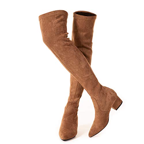 N.N.G Women Over the Knee Boots Block Suede Thigh High Low Brown Size 7 Winter Flat Chunky OTK Long Comfort (Brown 2 Inch, numeric_7)