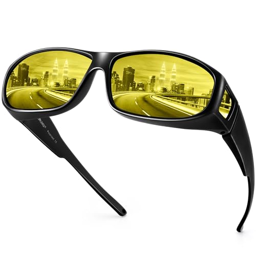 URUMQI Night Vision Glasses Fit Over Glasses for Men Women, Anti Glare Polarized Nighttime Driving Glasses HD Yellow Lens