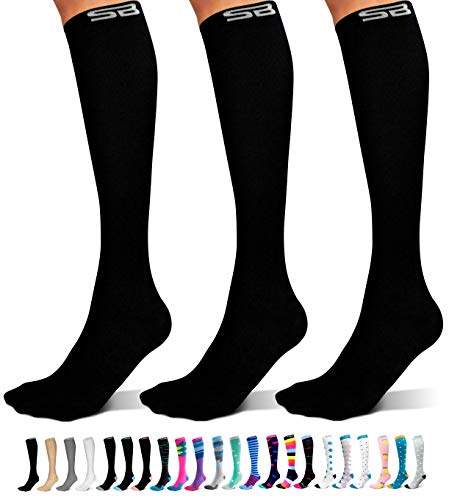 SB SOX 3-Pair Compression Socks (15-20mmHg) for Men & Women – Best Socks for All Day Wear! (XXL, 01 – Solid Black)