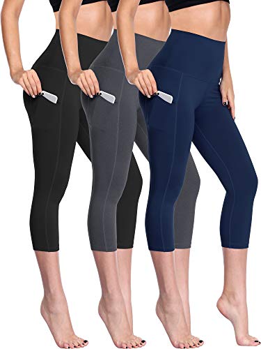 NELEUS Women's Yoga Capris Running Tummy Control High Waist Workout Leggings with Pockets,3 Pack,109,Black,Grey,Navy,2XL