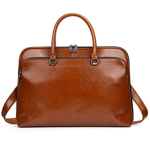 Blofinche Genuine Leather laptop Briefcase: Messenger shoulder bag 15 16 inch men macbook case women work satchel designer handbag Brown