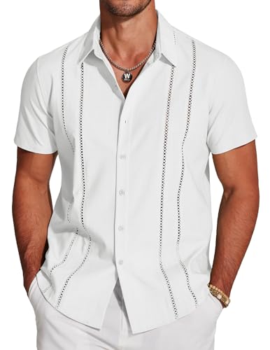 COOFANDY Men's Cuban Guayabera Shirt Short Sleeve Button Down Shirts Casual Summer Beach Linen Shirts A-White