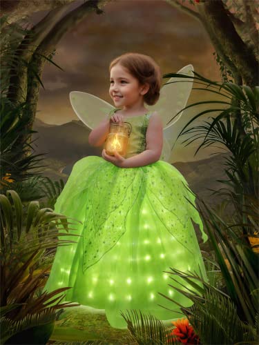 UPORPOR Light Up Fairy Costumes Girls Halloween Dress Kids Dressing Up Clothes Birthday Party Fancy led Costume, with Wing Green, 120