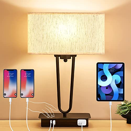 Yarra-Decor Bedside Touch Control Table Lamp Nightstand Lamp with USB A+C Charging Ports & AC Outlet 3-Way Dimmable Desk Lamp with Fabric Shade for Bedroom Living Room(Bulb Included)