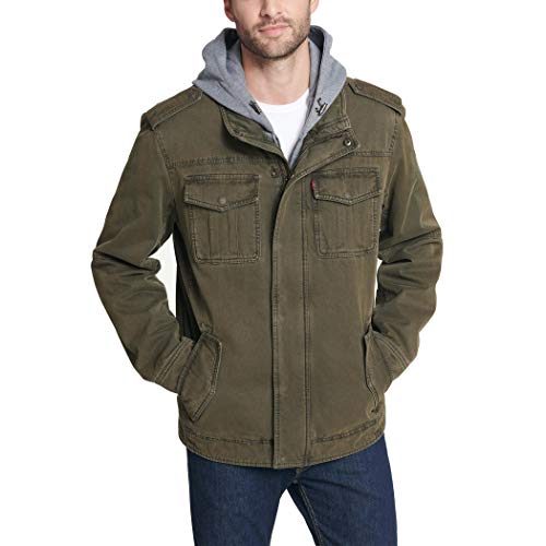 Levi's Men's Washed Cotton Military Jacket with Removable Hood (Standard and Big & Tall), Olive, Medium
