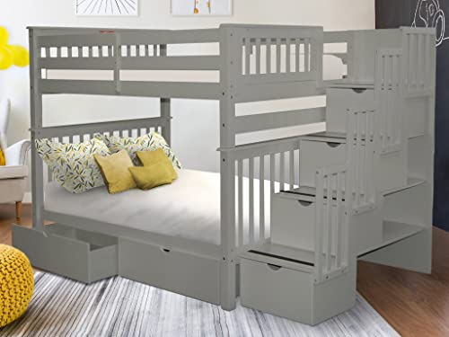 Bedz King Stairway Bunk Beds Full over Full with 4 Drawers in the Steps and 2 Under Bed Drawers, Gray