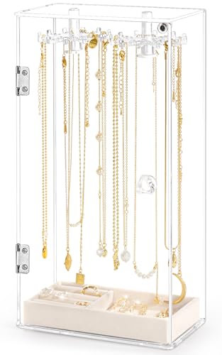 Necklace Holder, Acrylic Jewelry Organizer with 24 Hooks, Rotation Clear Necklaces Pendant Display Case Stand, Dust-proof Velvet Tray Hanging Rack Storage for Earrings Rings