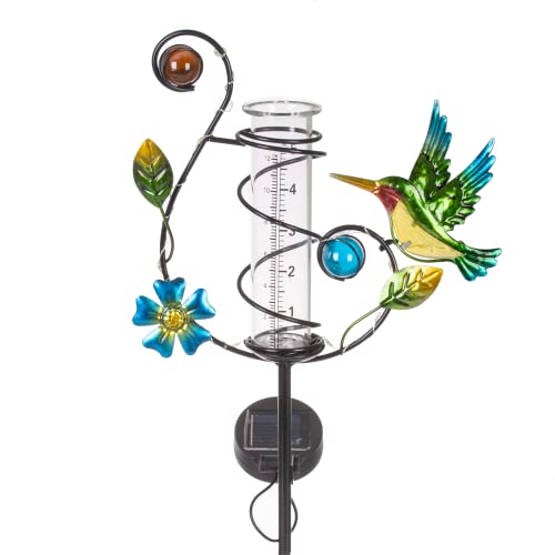HOBYLUBY 35'' Hummingbird Rain Gauge Outdoor - Solar Rain Gauges with LED Light for Yards, Lawns, Pathway, Patio (Colorful)