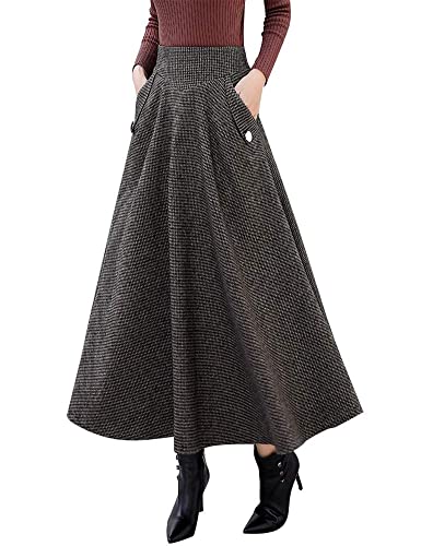 Long Skirts for Women Fall Winter Pleated Plaid Skirts with Pockets (Medium, Coffee)
