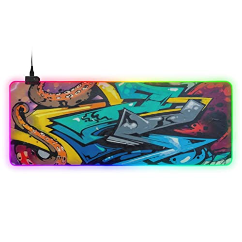 Large RGB Gaming Mouse Pad Art Under Ground Beautiful Street Graffiti Glowing Extended Mousepad 31.5x11.8in, Soft Anti-Slip Rubber Base Luminous Mouse Mat for Pc Laptop, Gaming, Office, Home