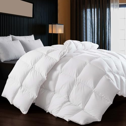 WhatsBedding Puffy White Goose Feather Down Comforter Queen Size, Feather Down All Season Duvet Insert, 100% Cotton Luxury Hotel Collection, 4 Corner Loops, Gold Piping, 90x90 in