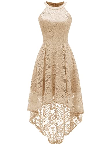 Dressystar 0028 Halter Floral Lace Cocktail Party Dress Hi-Lo Bridesmaid Dress Champagne XL