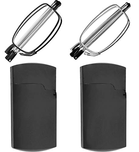Reading Glasses 2 Pair Black and Gunmetal Readers Compact Folding Glasses for Reading for Men and Women Case Included +2.5