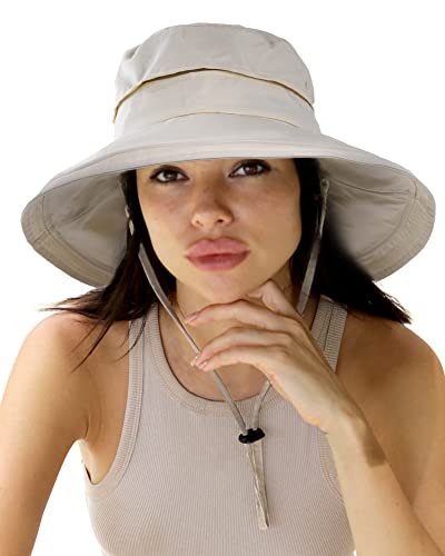 Hatiis Sun Hats for Women Gardening Hat Wide Brim Beach Sun Protection Breathable Cotton Summer Hat with Fold-Up Brim (Beige, Medium)