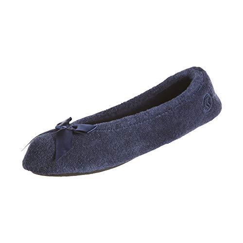 isotoner Women's Terry Ballerina Slipper with Bow for Indoor/Outdoor Comfort, Navy Blue, 11-12