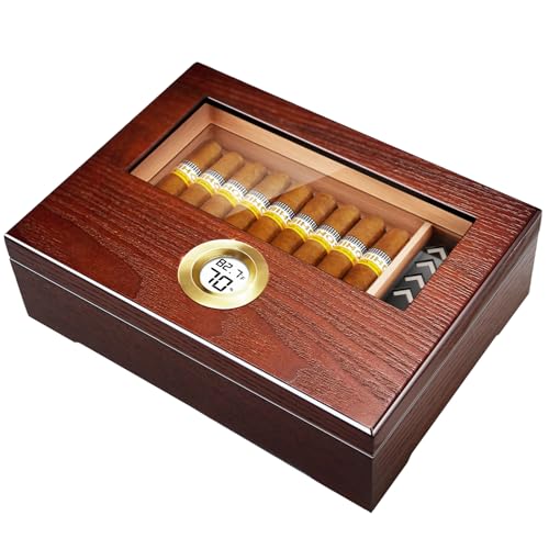Puffaland Cigar Humidor Box Cigar Case Desktop Box Cedar Wood Cigar Box Gift for 20-25 Cigars with Glass Top and Digital Hygrometer,Brown
