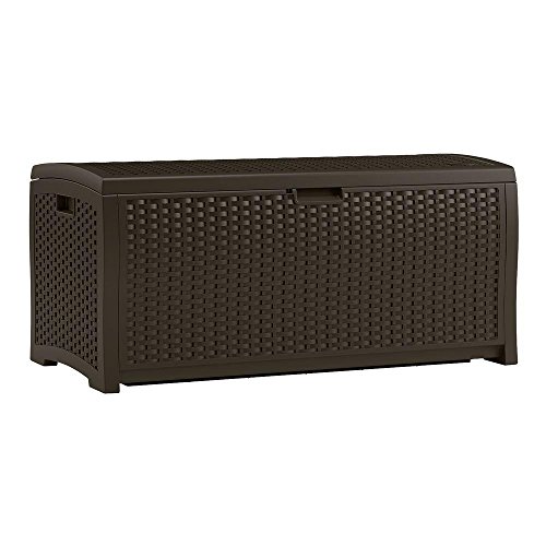 Suncast 73-Gallon Medium Deck Box - Lightweight Resin Indoor/Outdoor Storage Container and Seat for Patio Cushions and Gardening Tools - Store Items on Garage, Yard - Mocha Brown