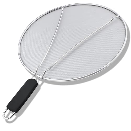 XULRKOS Splatter Screen for Frying Pan – 13’’ Stainless Steel Grease Splatter Guard with Comfortable Grip Handle, Ultra Fine Mesh Prevents Oil Splatters and Messes, Heavy Duty and Dishwasher Safe
