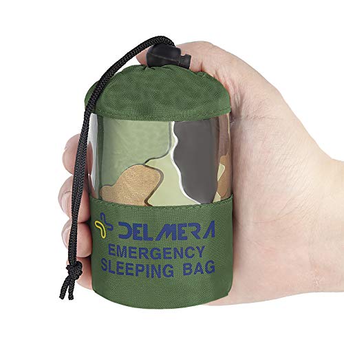 Delmera Emergency Sleeping Bag, Lightweight Survival Sleeping Bags Waterproof Thermal Emergency Blanket, Bivy Sack Survival Gear for Outdoor Adventure, Camping, Hiking, Orange, Green (Camouflage)