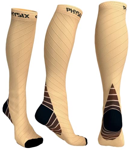 Physix Gear Compression Socks 20-30 mmHg - Men & Women - Running, Nurses, Shin Splints, Flight, Travel (NUDE / BEIGE-2XL)