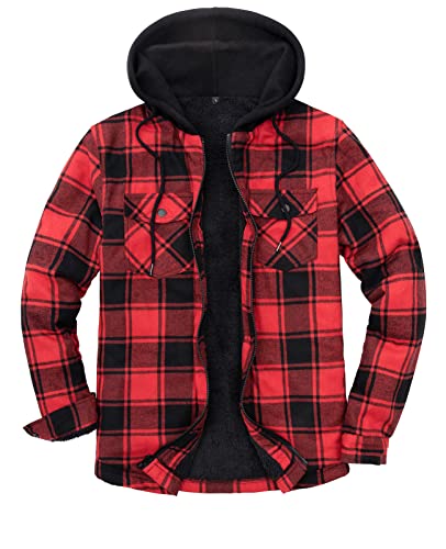 ZENTHACE Men's Sherpa Lined Full Zip Hooded Plaid Flannel Shirt Jacket Red Black M