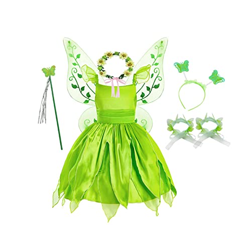 BLOOMIRO Tinkerbell Costume for Girls Princess Dress Birthday Party Halloween Costume Cosplay Dress up for Little Girls (Green, 5-6T)
