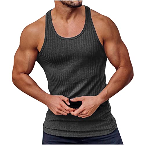 6-B99 Dark Gray Relaxed Fit Vests for Mens Summer Fall Vneck Racerback Track Athletic Running Camisole Tank Striped Basic Top Vests Man 2024 Clothes Fashion Country Concert 8G XXL