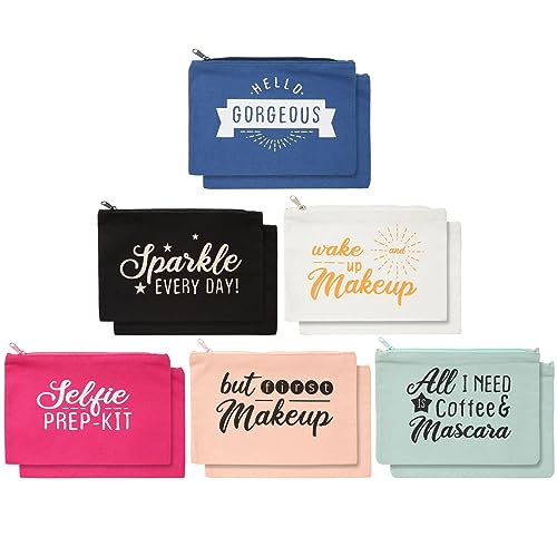 Glamlily 12-Pack Motivational Quote Canvas Bulk Makeup Bags with Zippers - 6x8 makeup bag for Women and Teens, Traveling, Work, School, Everyday Use (6 Designs)