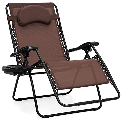 Best Choice Products Oversized Zero Gravity Chair, Folding Outdoor Patio Lounge Recliner w/Cup Holder Accessory Tray and Removable Pillow - Brown