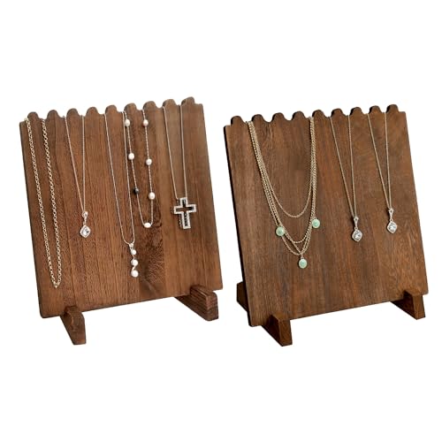 Ikee Design Set of 2 Wood Necklace Jewelry Display Stand for 8 Necklaces, Necklace Display Holder, Wood Plank Necklace Display Stand, Jewelry Necklace Organizer, Brown Color