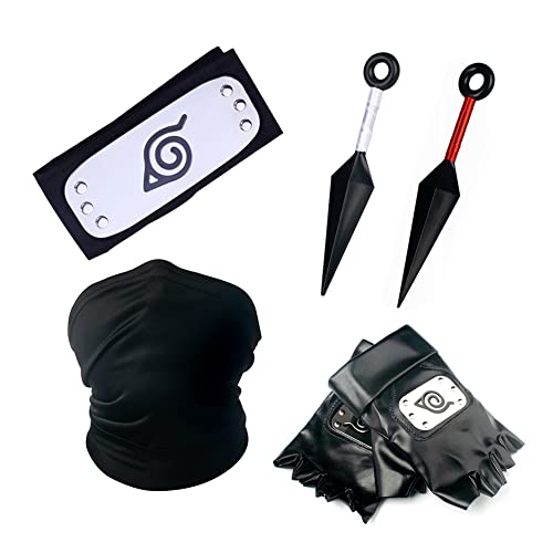 Lystin Ninja Cosplay Accessories Set Ninja Anime Leaf Village Headband, Kakashi Face Veil, Gloves, Ninja Kunai Props