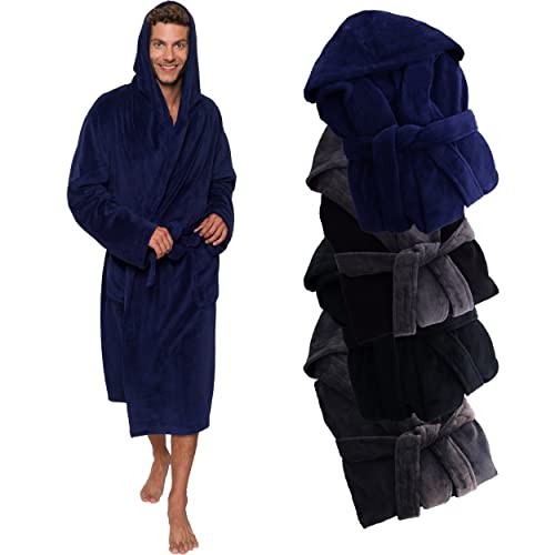 Ross Michaels Mens Robe Hooded Wrap Style - Mid Length Plush Fleece Bathrobe (Navy, 2X-Large)