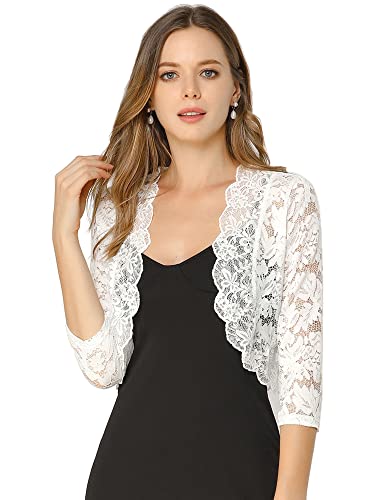 Allegra K Women's Elegant 3/4 Sleeve Sheer Floral Lace Shrug Top Medium White