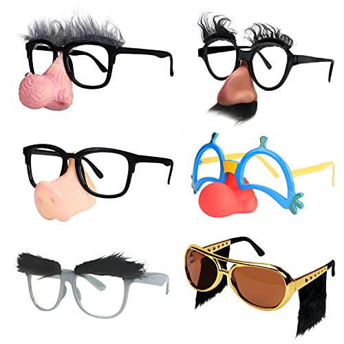 Ocean Line Funny Disguise Glasses, 6 Pairs Novelty Clown Eyewear with Soft Nose for Halloween, Silly Eyebrows Party Favors