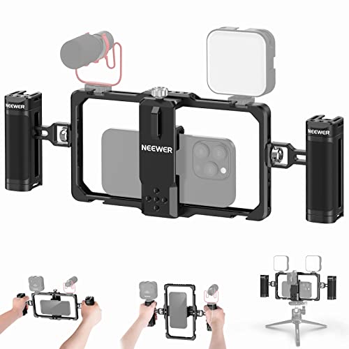 NEEWER Upgraded Phone Rig Vlogging Kit, Video Stabilizer with Dual Handle, Wireless Mic Clip Slot for Tiktok/YouTube, Compatible with SmallRig iPhone 15 14 Pro Max 13 Pro Max Galaxy S23, PA009