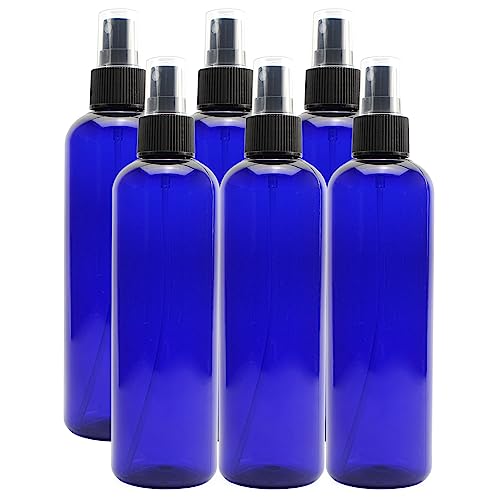 Cornucopia 8oz Cobalt Blue Plastic PET Spray Bottles w/Fine Mist Atomizers (6-pack); for DIY Home Cleaning, Aromatherapy, & Beauty Care