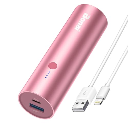 BONAI Portable Charge Power Bank 5000mAh Cylindrical Ultra-Compact External Backup Battery Compatible with iPhone 14 13 12 11 Samsung Android and More - Rose Gold (with an 8-pin Charging Cable)