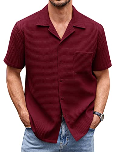 COOFANDY Mens Summer Button Down Shirt Cuban Short Sleeve Shirts Vacation Clothes Wine Red