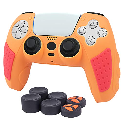 PS5 Controller Grip Cover, CHIN FAI Anti-Slip Silicone Skin Protective Cover Case for Playstation 5 DualSense Wireless Controller with 6 Thumb Grip Caps (Orange-Red)