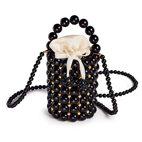 Grandxii Black Pearls Purses Beaded Clutches Bucket Handbag Women's Small Handmade Bags with Detachable Chain Inner Bag for Wedding and Evening Party…