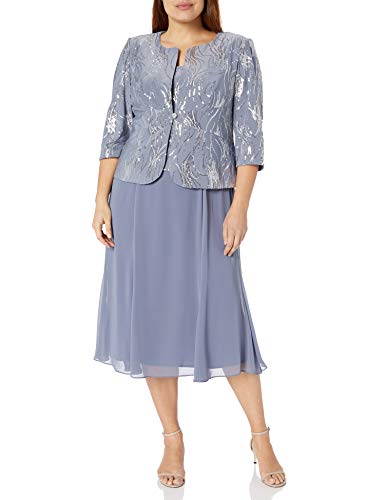 Alex Evenings Women's Size Tea Length Button-Front Jacket Dress, Steel Blue Plus, 20 Plus