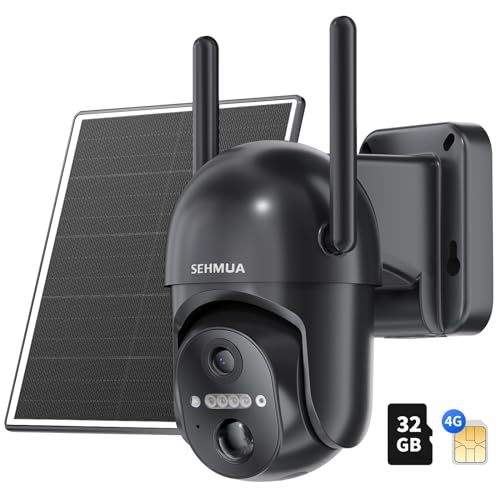 SEHMUA 4G LTE Cellular Solar Security Camera Wireless Outdoor, No WiFi Solar Powered Camera, 360° Live View, 2K Color Night Vision, PIR Motion Sensor, 2 Way Talk(32G SD&SIM Card Included)