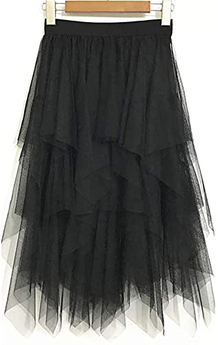 LBKKC Women's Tulle Skirt Formal High Low Asymmetrical Midi Length Elastic Waist Layered Puffy Fairy Skirts Black