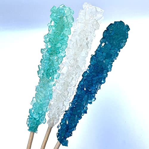 Classic Rock Candy Sticks, Sugar Rock Crystals Lollipops, Individually Wrapped (Frozen Ice (Blue, White & Light Blue), Pack of 18)