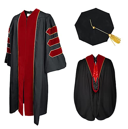 GradPlaza Doctoral Graduation Gown,Academic Doctoral Regalia by University Doctoral Hood with Gold Piping and Doctoral Tam 8 Side