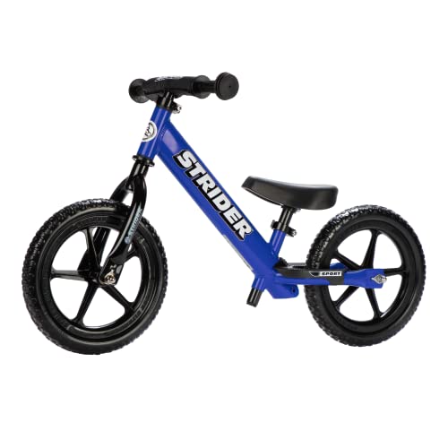 Strider 12” Sport Bike, Blue - No Pedal Balance Bicycle for Kids 18 Months to 5 Years - Includes Safety Pad, Padded Seat, Mini Grips & Flat-Free Tires - Tool-Free Assembly & Adjustments