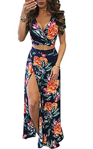 Aro Lora Women's Sexy V Neck Floral Printed Side Slit Two-Piece Maxi Dress Medium Multicolor
